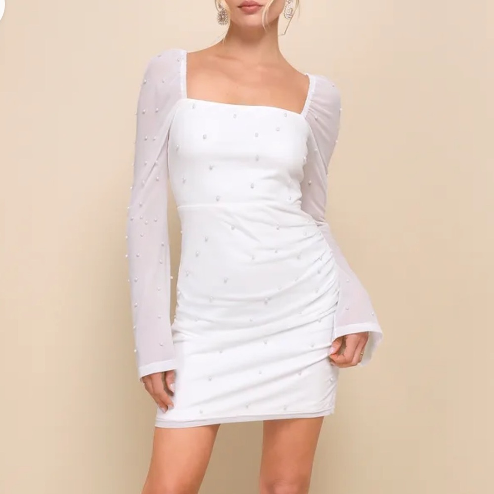 Lulus Flirty Luxury Ivory Mesh Pearl Long Sleeve Mini Dress
